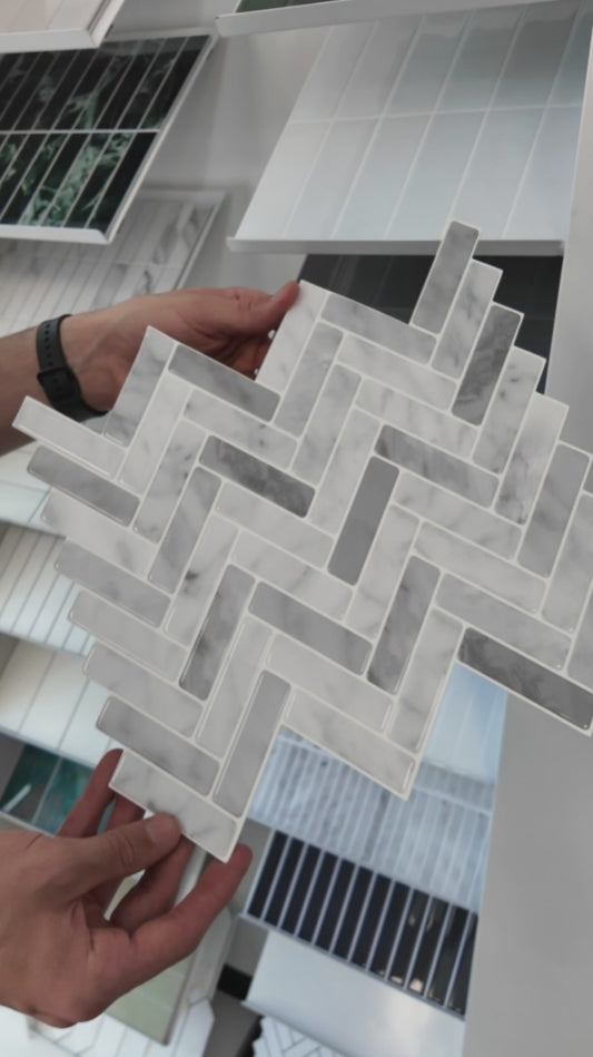 Herringbone Stick on Tile - Light Grey Marble