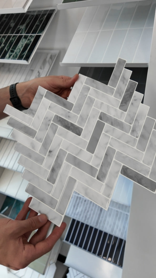Herringbone Stick on Tile - Light Grey Marble