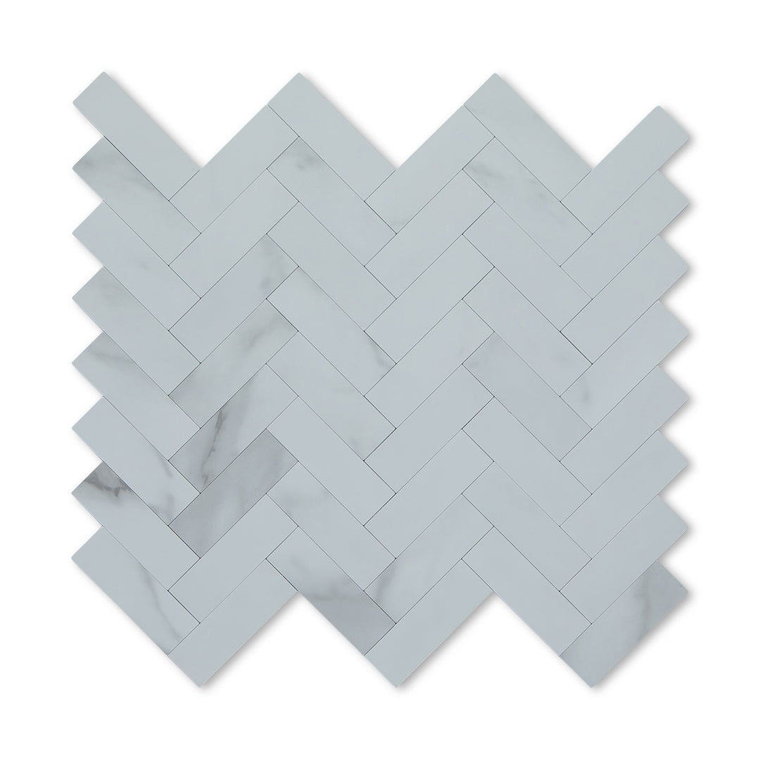Herringbone Stick on Composite Tile - Carrara Marble