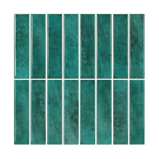 Kit Kat Stick on Tile in turquoise green with a glossy finish, featuring a modern rectangular design. Ideal for home decor and easy DIY installation.